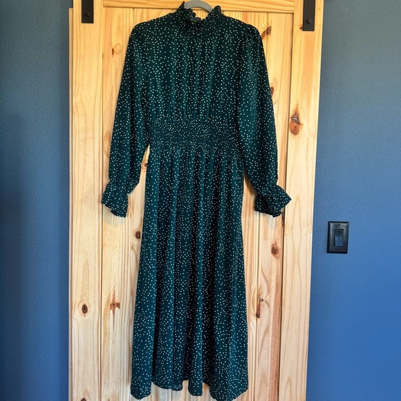 Green & White Long Sleeve High Neck Polka Dot Dress Size Large - Picture 11 of 12